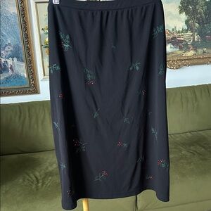 Vintage Cherokee Black Midi Skirt with Green and Red Embroidery